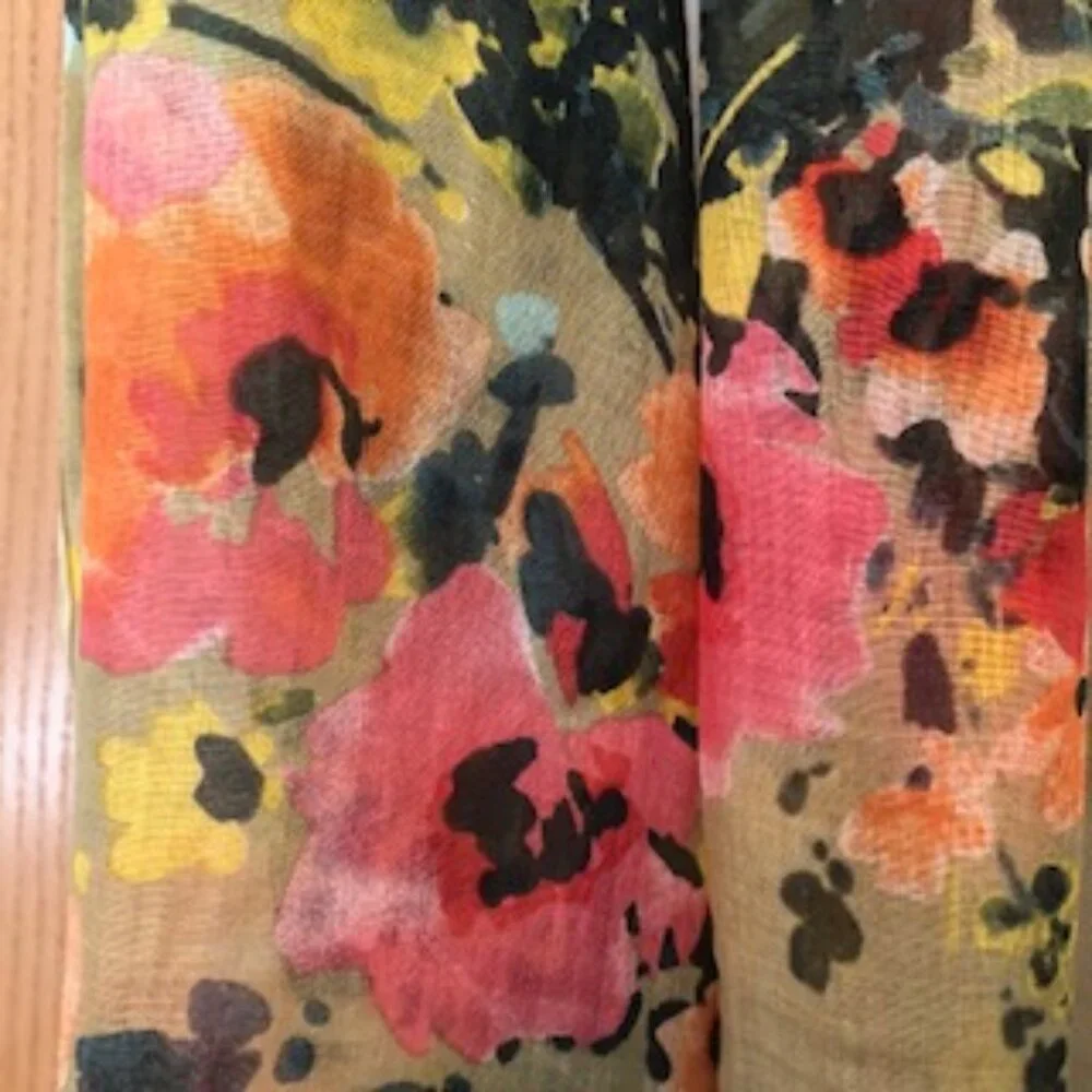 3/$15 Vintage Oversized Woven Scarf Wrap Floral Fringe Tan Pink Coral